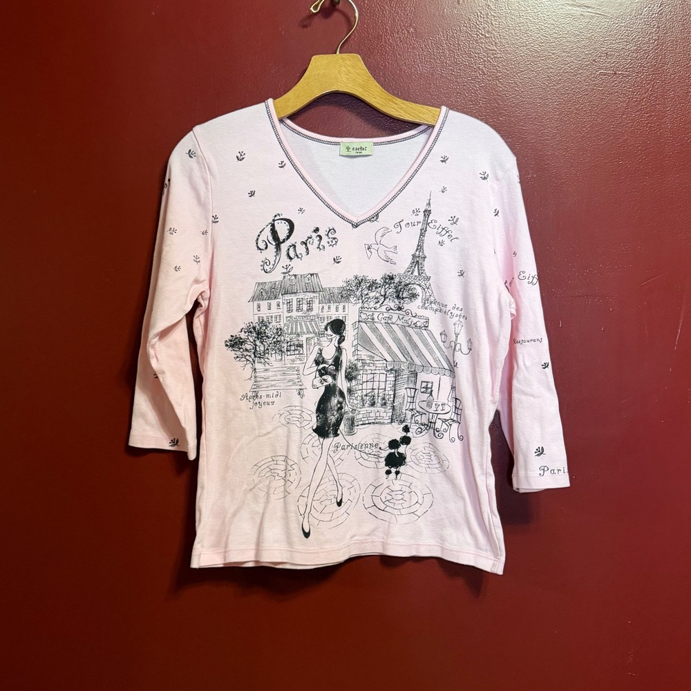 Cactus Y2K Top Size L Paris Eiffel Tower Cafe Scene Pink‎ Feminine Valentine